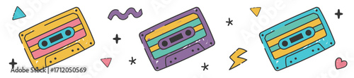 Set of colorful cassette tapes in doodle cartoon style with decorative elements. Perfect for retro music projects, posters and stickers