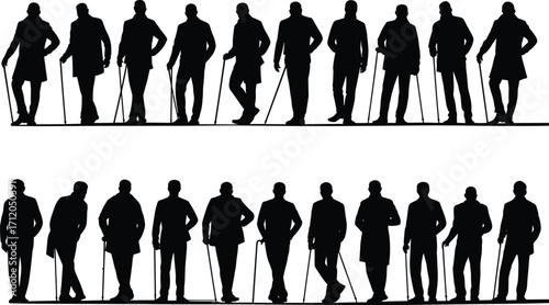 Men silhouettes with canes, formal attire poses, gentleman fashion icons, vintage style illustration, character modeling, elegance, classic posture design