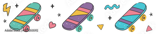 Set of colorful skateboards with doodle details in fun retro cartoon style. Great for nostalgic youth designs, stickers and posters