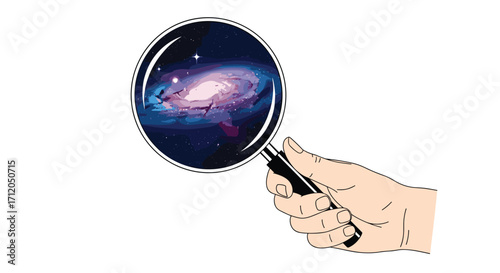 Curious hand holding magnifying glass to explore vibrant colorful galaxy discovering cosmic wonders and scientific discovery, Generative AI.
