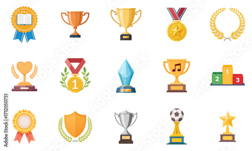 A variety of colorful award trophies, medals, and prizes are shown in a grid.