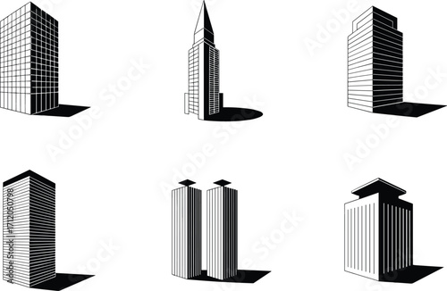 Modern building silhouettes collection, skyscraper icons, urban architecture, high‑rise towers, city skyline illustration, real estate, construction, metropolitan design, office blocks