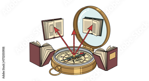 Navigate your learning journey with a compass pointing to knowledge and open books for research and discovery, Generative AI.