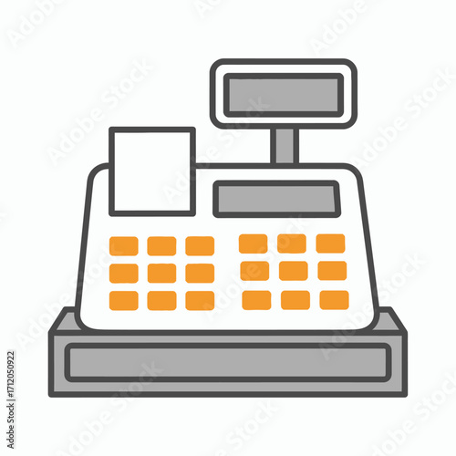 Stylized electronic cash register with display and receipt printer.