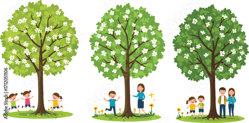 Tree growth stages, childhood nature play, family bonding outdoors, seasonal foliage, environmental connection, generational love, green life, nature evolution,