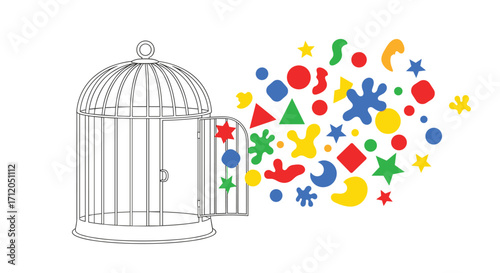 Vibrant shapes burst from an open birdcage symbolizing freedom creativity and new ideas taking flight in a playful modern design, Generative AI.