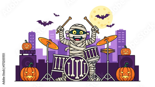 Mummy Drummer on Halloween Night: A fun and spooky illustration of a mummy enthusiastically drumming on a Halloween night, set against a cityscape backdrop, capturing the festive spirit. 
