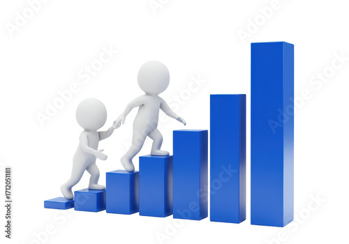 Isolated two 3d stickmen climbing up blue blocks helping each other to reach success path