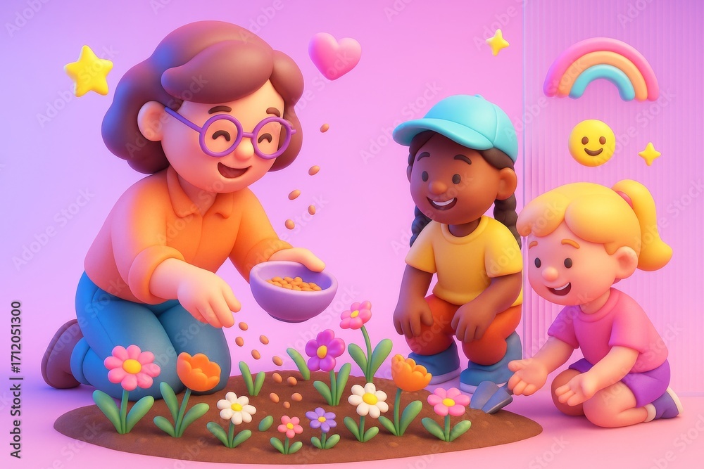 Obraz premium Happy cartoon-style family planting colorful flowers in garden with cheerful pastel background and playful light concept elements like stars and heart. Ai generative