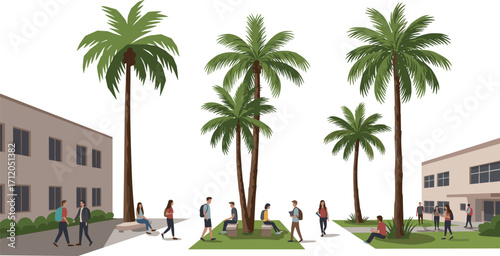 University campus, students walking, palm trees, outdoor benches, warm climate, college life, social interaction, academic buildings, greenery, casual student gathering