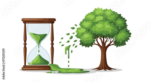 Hourglass spills green liquid onto ground beside lush tree losing leaves symbolizing environmental urgency and time running out, Generative AI.