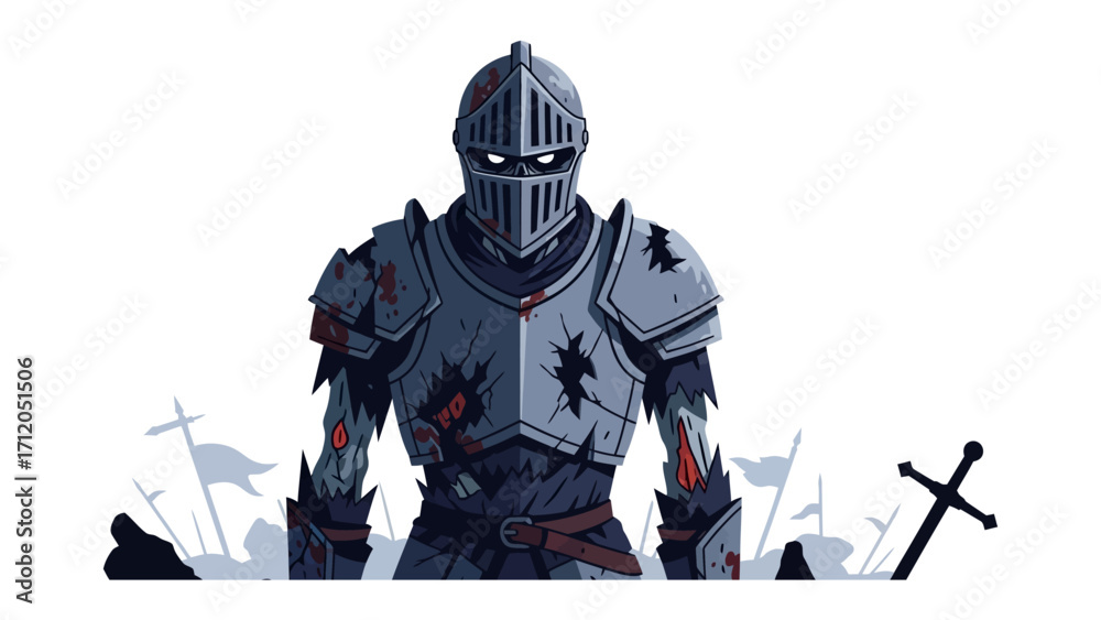 Naklejka premium Undead Knight: A formidable undead knight stands amidst a field of fallen swords and crosses, embodying a timeless depiction of valor.
