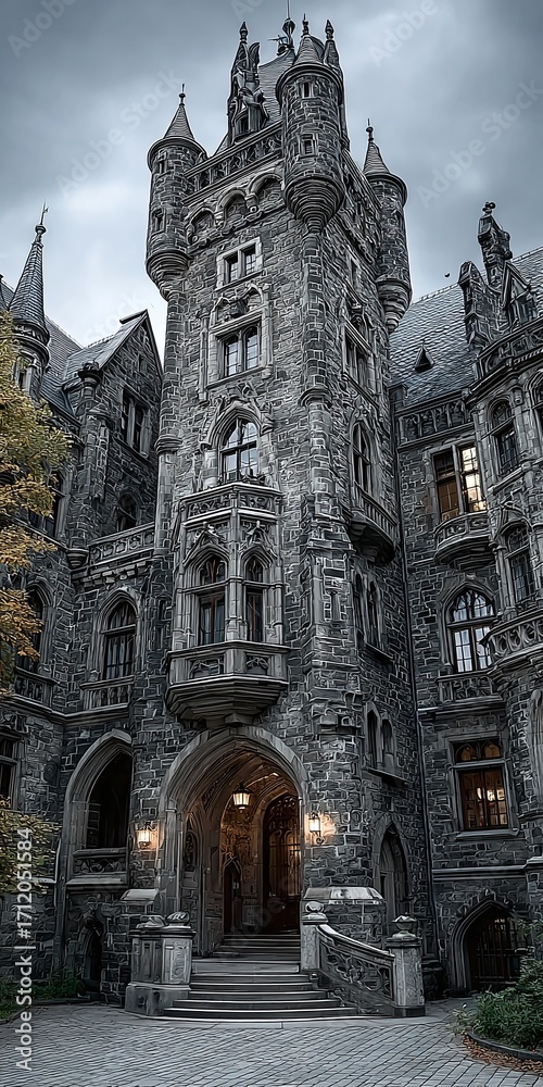 Fototapeta premium Gothic Architectural Marvel Exploring the Majestic Stone Fortress and Its Intricate Design