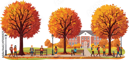 Autumn college campus scene, students walking, fall foliage, brick building, university pathway, seasonal trees, vibrant leaves, academic life, outdoor study