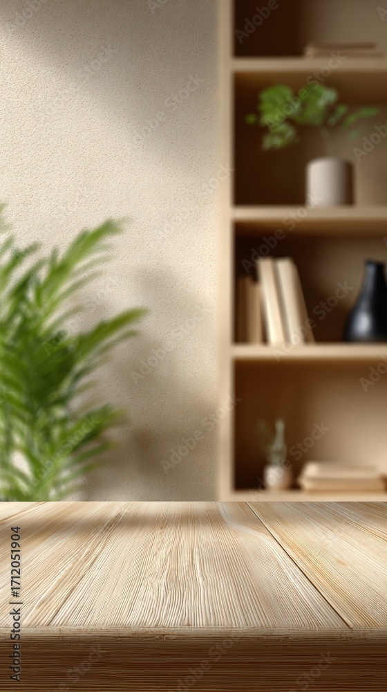 Fototapeta premium Modern Interior Design with Bookshelf and Green Plant