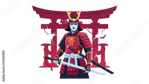 Samurai Warrior: A fearless samurai stands ready with his sword and traditional attire, embodying the valor and honor of the ancient warrior code, set against the backdrop of the iconic torii gate.