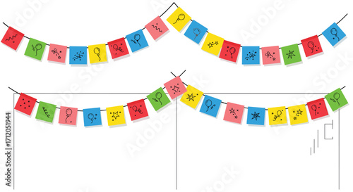 Vibrant festive bunting flags with playful balloons and stars create a joyful atmosphere for any celebration or party event, Generative AI.