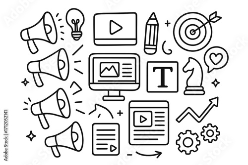 Content marketing doodle icon set. Digital promotion and advertising strategy concept. Vector illustration for business growth, social media, SEO, video and articles.