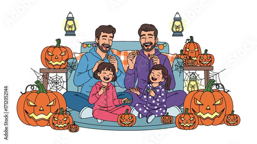 Family Halloween Gathering: A heartwarming illustration captures a family, joyfully celebrating Halloween, surrounded by carved pumpkins and festive lanterns.