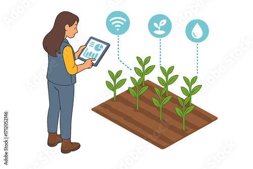 Smart agriculture concept. Farmer with tablet managing crop growth, water, and data via IoT sensors. Precision farming technology. Agritech business isometric vector outline illustration.