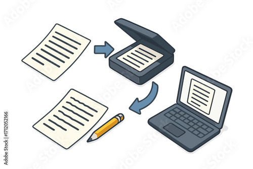 Workflow converting paper document to digital file. Isometric scanner, laptop. Office technology for digitization, data entry, archiving. From analog to digital concept.