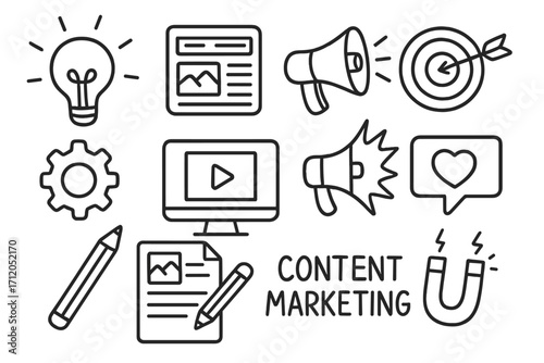 Content marketing doodle icon set. Vector line art illustration for digital strategy, SEO, and social media advertising. Concepts of creation, promotion, engagement, and lead generation.