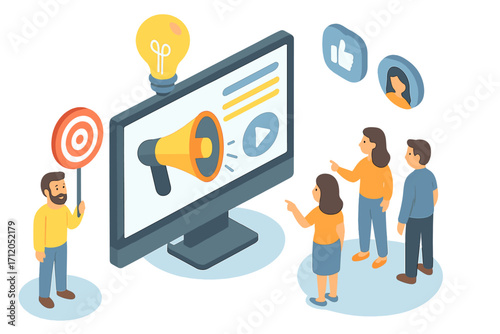 Customer journey awareness stage. Digital marketing campaign concept. People looking at promotion on screen. Targeting audience with ads. Isometric vector business illustration.