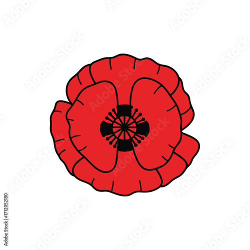 Stylized red poppy flower with black outline vector illustration.
