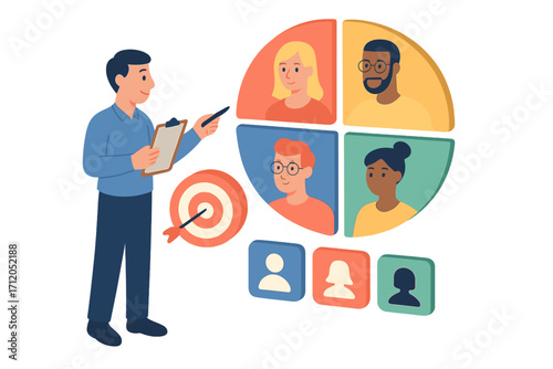 Customer segmentation concept. Man with clipboard defines target audience and customer profiles. Analyzing pie chart with diverse consumer groups. Marketing strategy for business research.