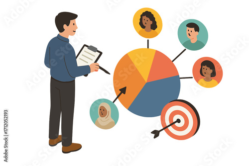 Customer segmentation concept. Man with clipboard analyzes target audience. Diverse customer profiles, pie chart, marketing strategy, consumer data research for business goals.
