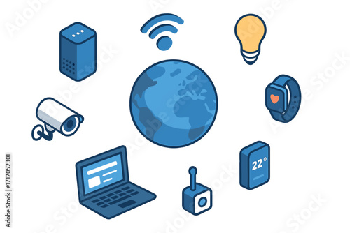Internet of Things (IoT) isometric concept. Smart devices connected to a global network. Seamless communication, future of connectivity, web of things, and automation technology.