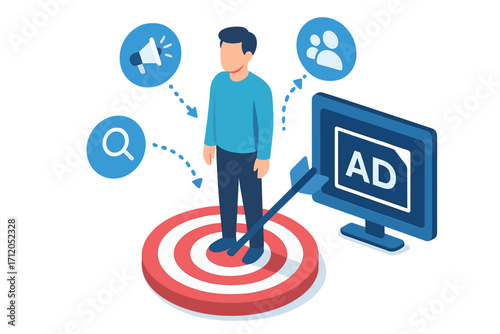 Isometric ad targeting vector concept. Digital marketing technology for business. Customer at the center of advertising strategy. Target audience analysis and personalization illustration.