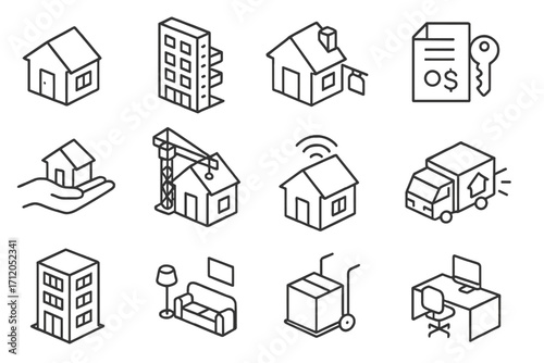 Isometric real estate linear icon set. Property business concepts like houses, apartments, rent, loan, sale, mortgage, investment, construction, smart home, and relocation.