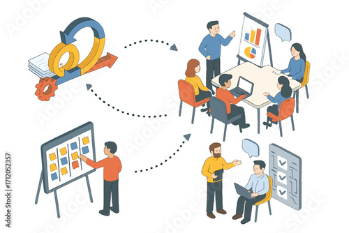 Legal compliance isometric concept. Business law, regulation, policy standards. Corporate governance and ethics. Judge with gavel, documents checklist, scales of justice icon.