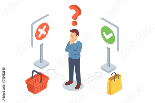 Isometric illustration of a man making a shopping decision. Consumer choice concept with yes and no signs. Buyer's dilemma with shopping basket and bag. Purchase comparison.