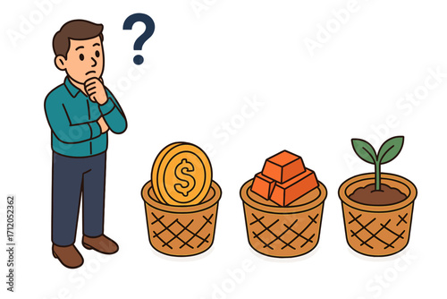 Man thinking about asset allocation and investment diversification. Financial strategy concept with money, gold, and stocks. Isometric vector for wealth management and growth.