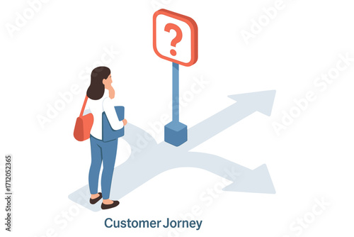 Woman at a crossroads making a choice. Concept of life or business decision, choosing a path, or customer journey. Person facing a dilemma with a question mark sign.