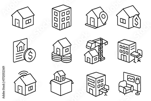 Isometric real estate linear icon set. Property business concept with house, apartment, rent, loan, sale, mortgage, investment, construction, smart home, relocation icons.