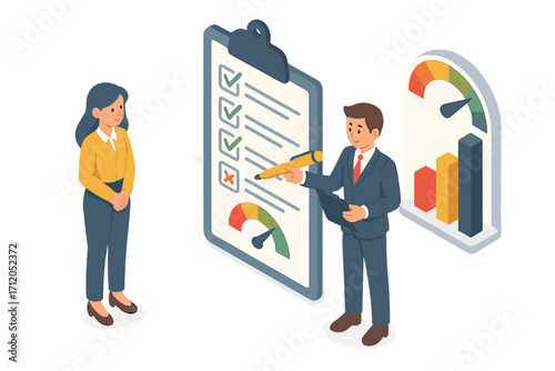 Business performance review isometric concept. Employee appraisal and evaluation. Man with clipboard checklist showing results to woman. Quality survey, feedback, success graph.