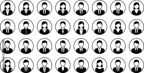 Professional business avatar icons, corporate people silhouettes, diverse workforce profiles, organizational chart illustration, digital identity, workplace diversity, team networking design