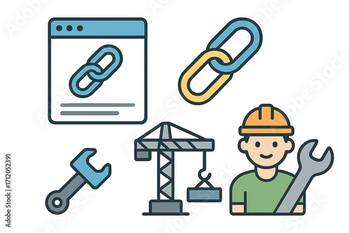 Building and development icon set. Vector concepts for construction, website link building, SEO, and industry. Worker, crane, tools, and hyperlink cartoon symbols.