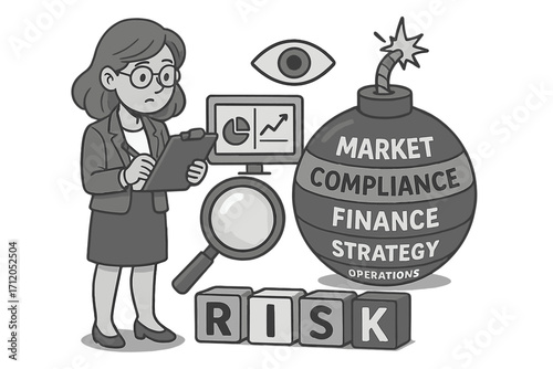 Risk analysis and management concept. Businesswoman auditing corporate threats. Metaphor for market, compliance, finance, strategy, and operations dangers. Crisis control.