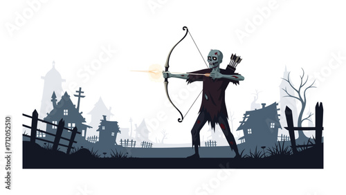 Zombie Archer: A captivating illustration of a zombie archer, arrow drawn, amidst a spooky, silhouette-style landscape.
