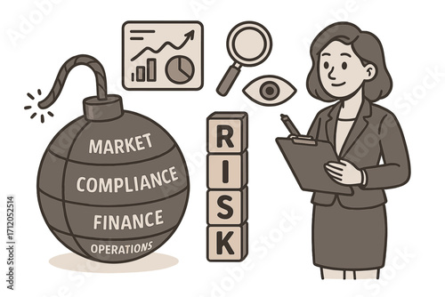 Risk analysis concept with businesswoman evaluating market, compliance, finance, operations bomb threat, clipboard, magnifying glass, eye, dashboard, strategy, RISK blocks illustration