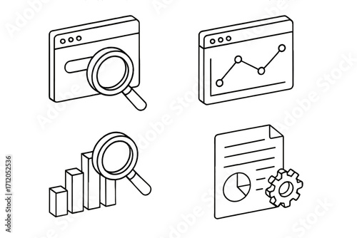 Isometric search and analysis outline vector icons set with magnifying glass, bar chart, line graph, document report, and settings gear, business data visualization concept