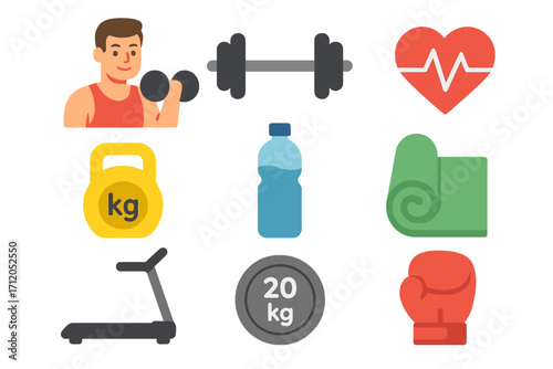 Fitness and gym icons set with man lifting dumbbells, kettlebell weights, treadmill, water bottle, yoga mat, boxing glove, heart health and 20kg weight plate vector cartoon illustrations