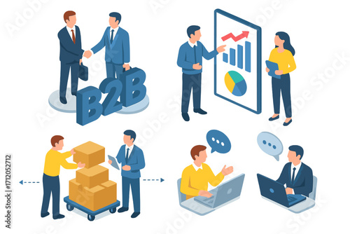 Vector illustration of business people engaging in B2B deals, logistics management, data analysis, and communication, professional teamwork, strategy, and corporate collaboration