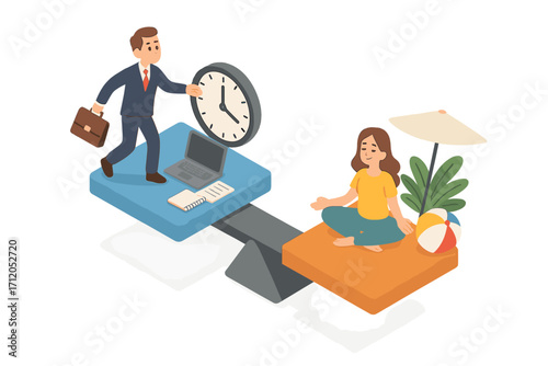 Work-life balance concept vector illustration, isometric cartoon scene with business man holding clock and woman meditating on seesaw, stress relief, time management, wellness