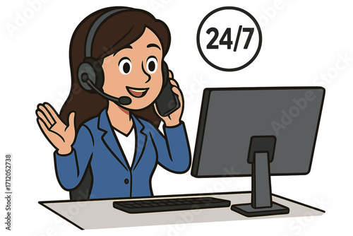 Call center woman with headset working on computer. Customer service representative concept. 24 7 support. Online assistant, telemarketing agent talking on the phone.