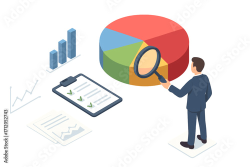 Market research and data analysis concept. Businessman with magnifying glass analyzing pie chart, bar graph, and reports. Financial statistics, business strategy, analytics. Isometric.